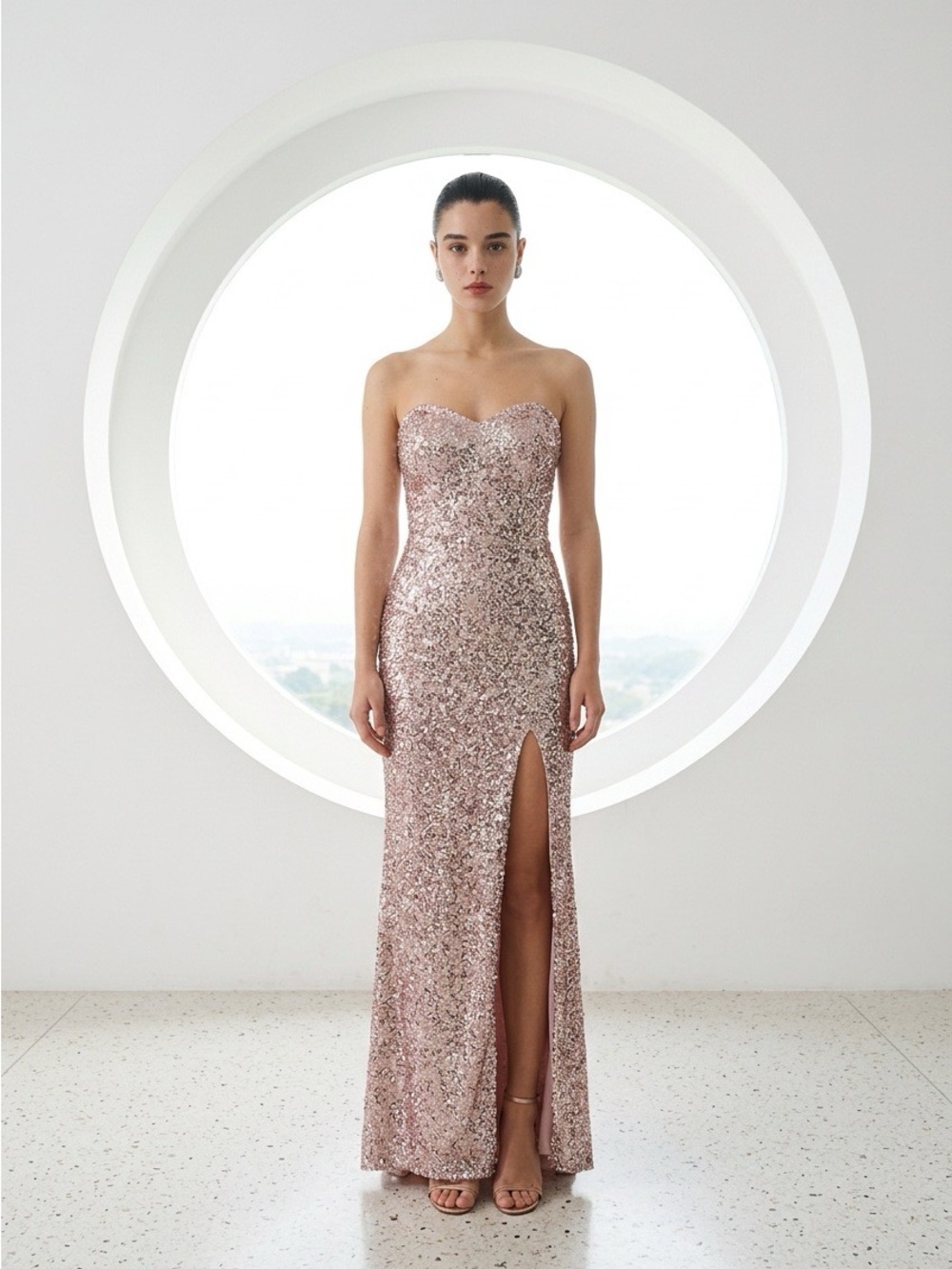 Strapless Sequin Gown in Rose Gold
